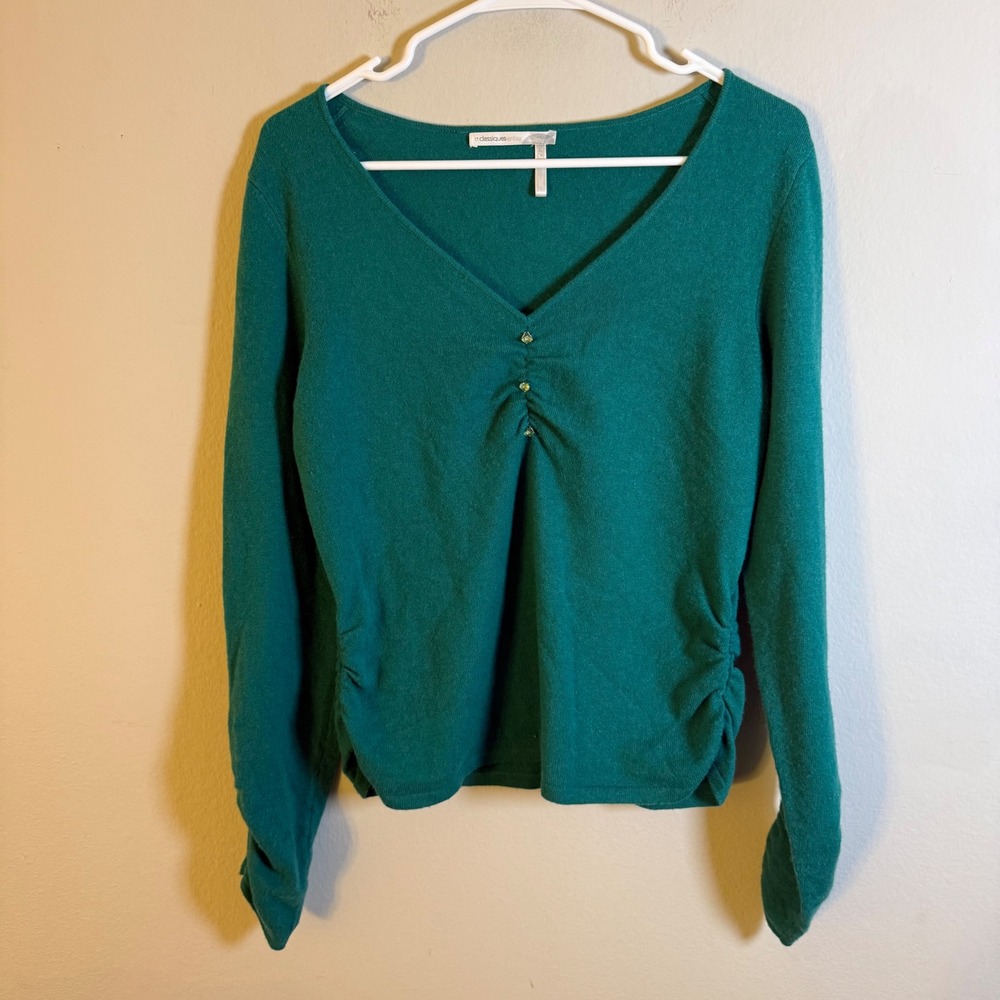 Classiques Entier Womens Teal 100% Cashmere Ruched V-Neck Sweater Large‎ Green